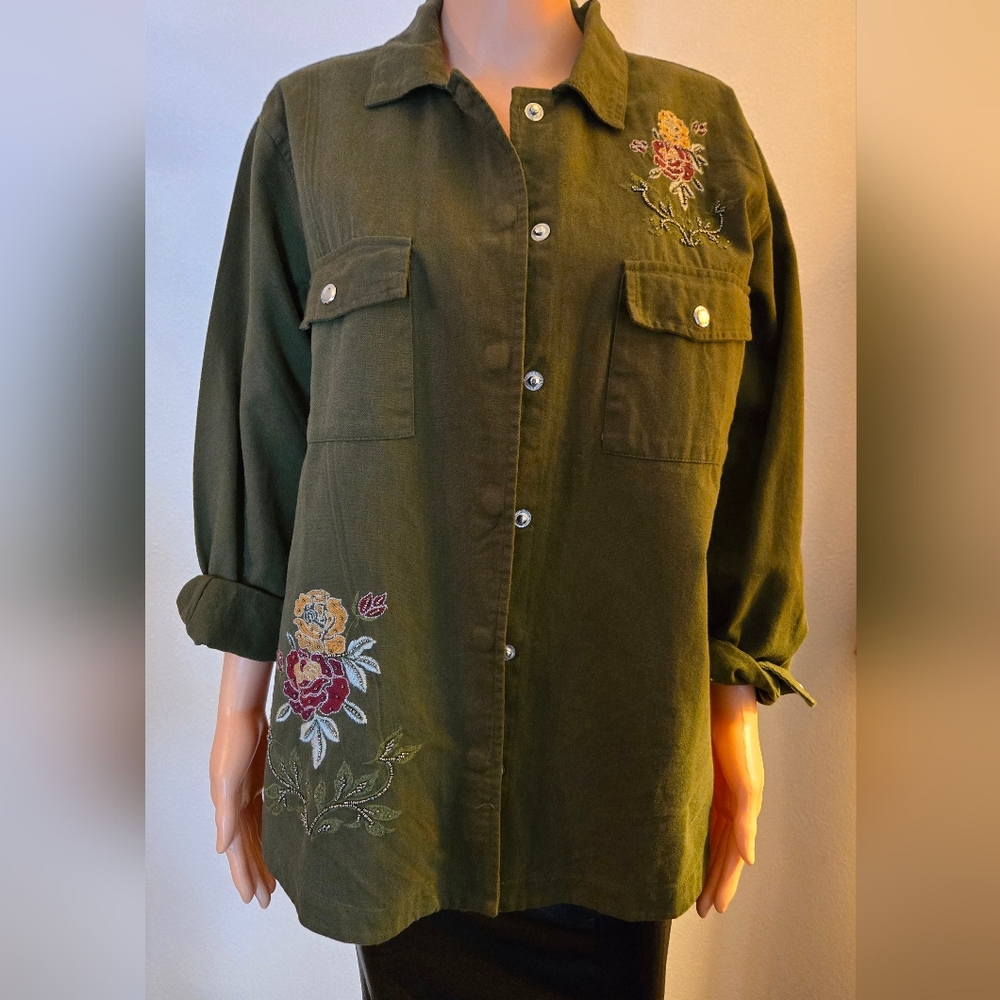 Blue Rain Olive Green Button Down Shirt/Shacket with Floral Embroidery Boho